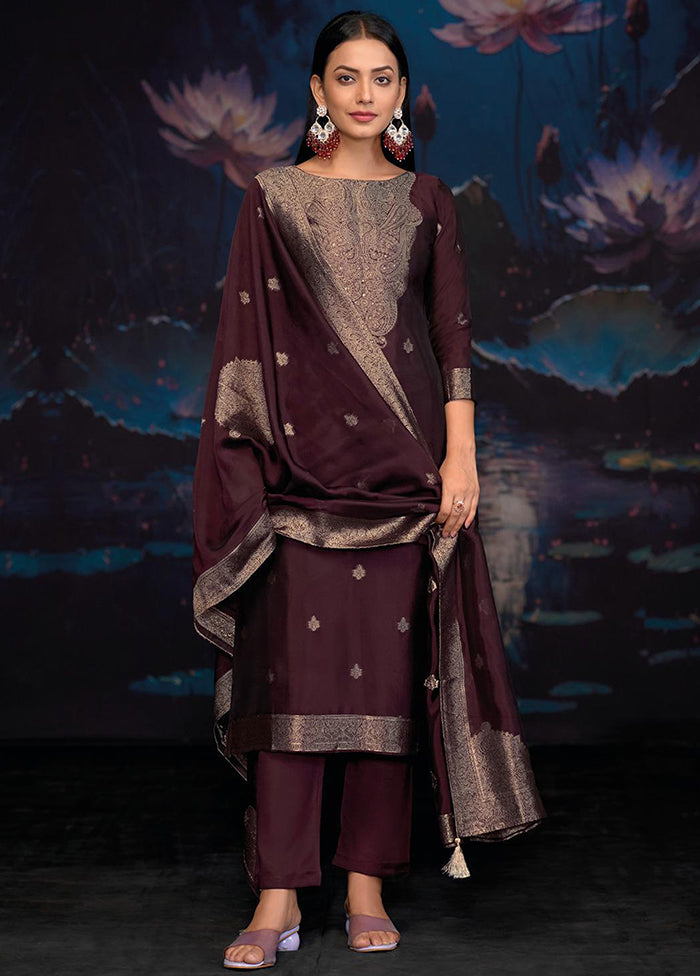 3 Pc Wine Pure Semi Stitched Silk Dupatta Suit Set