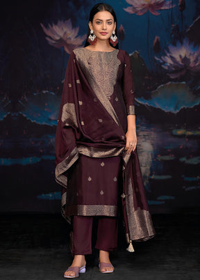3 Pc Wine Pure Semi Stitched Silk Dupatta Suit Set