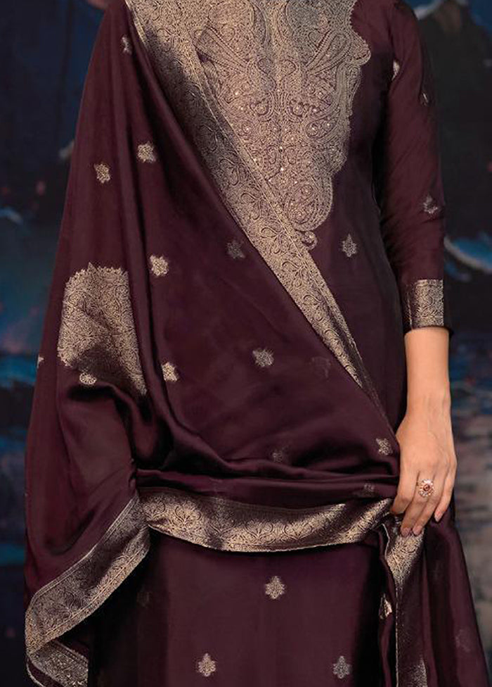 3 Pc Wine Pure Semi Stitched Silk Dupatta Suit Set