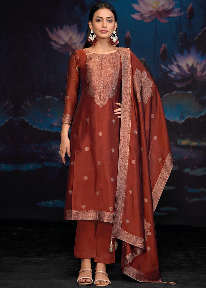 3 Pc Rust Pure Semi Stitched Silk Dupatta Suit Set