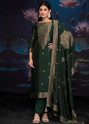 3 Pc Green Pure Semi Stitched Silk Dupatta Suit Set