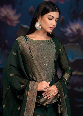3 Pc Green Pure Semi Stitched Silk Dupatta Suit Set