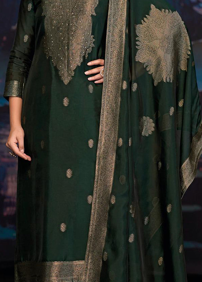 3 Pc Green Pure Semi Stitched Silk Dupatta Suit Set
