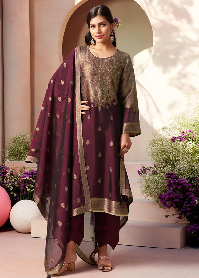 3 Pc Wine Pure Semi Stitched Silk Dupatta Suit Set