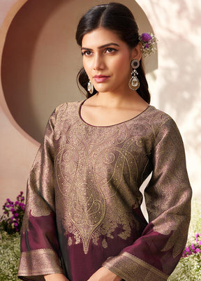 3 Pc Wine Pure Semi Stitched Silk Dupatta Suit Set