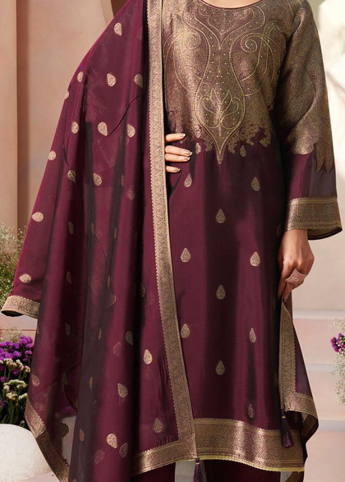 3 Pc Wine Pure Semi Stitched Silk Dupatta Suit Set