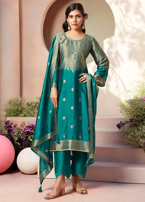 3 Pc Turquoise Pure Semi Stitched Silk Dupatta Suit Set
