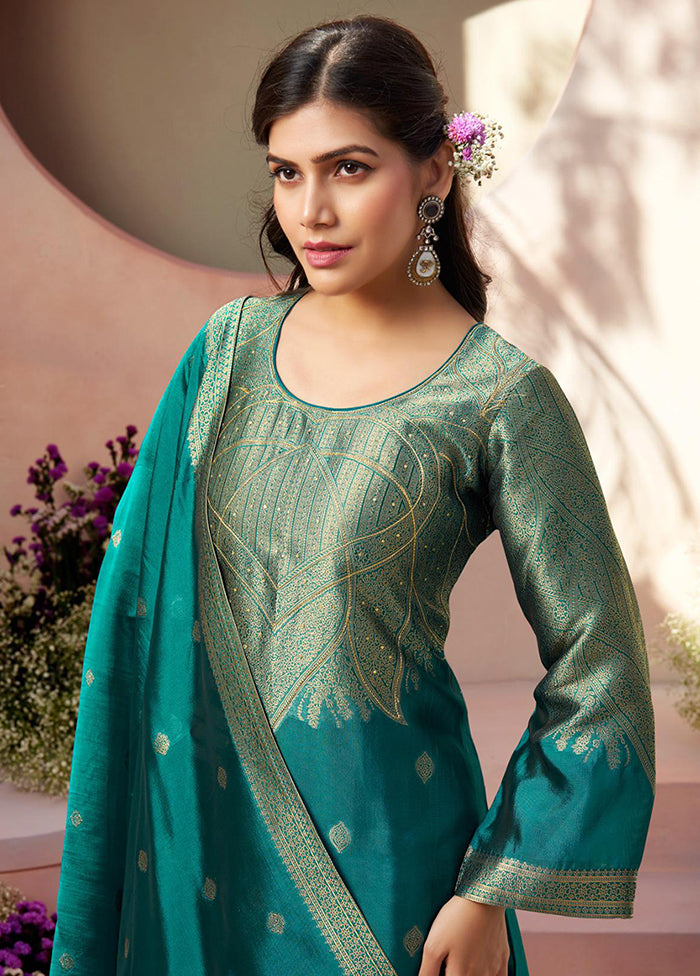 3 Pc Turquoise Pure Semi Stitched Silk Dupatta Suit Set