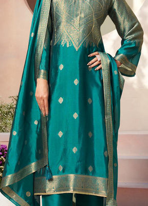 3 Pc Turquoise Pure Semi Stitched Silk Dupatta Suit Set