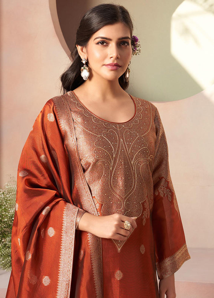 3 Pc Rust Pure Semi Stitched Silk Dupatta Suit Set