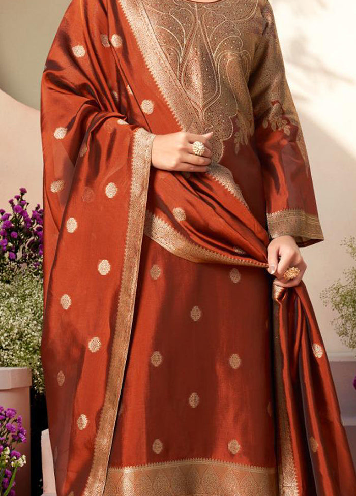 3 Pc Rust Pure Semi Stitched Silk Dupatta Suit Set
