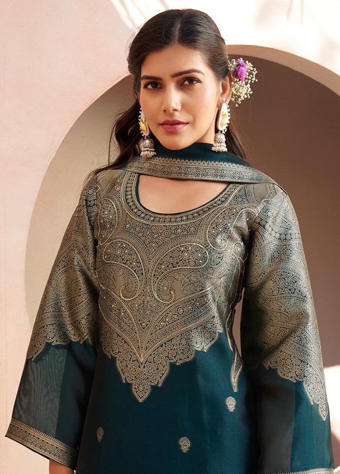 3 Pc Teal Pure Semi Stitched Silk Dupatta Suit Set