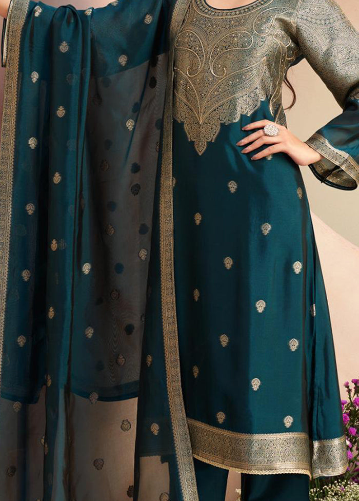 3 Pc Teal Pure Semi Stitched Silk Dupatta Suit Set