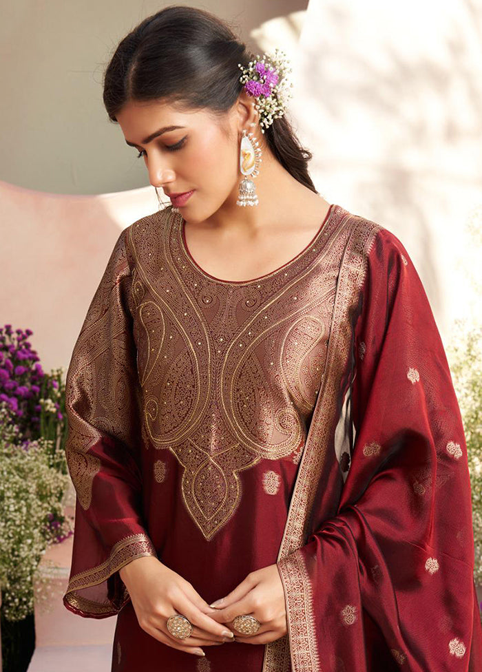 3 Pc Maroon Pure Semi Stitched Silk Dupatta Suit Set