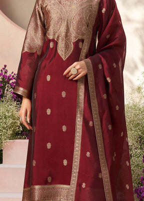 3 Pc Maroon Pure Semi Stitched Silk Dupatta Suit Set