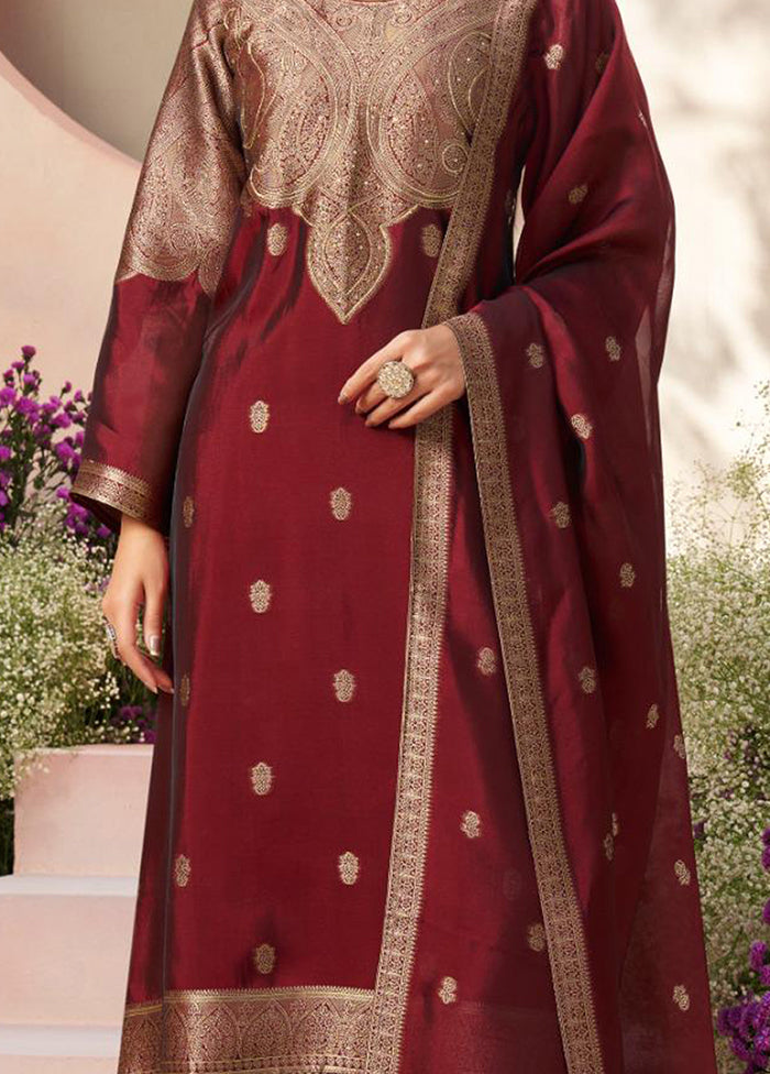 3 Pc Maroon Pure Semi Stitched Silk Dupatta Suit Set