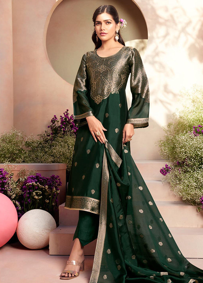 3 Pc Green Pure Semi Stitched Silk Dupatta Suit Set