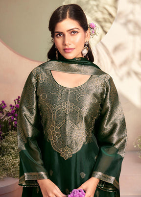 3 Pc Green Pure Semi Stitched Silk Dupatta Suit Set