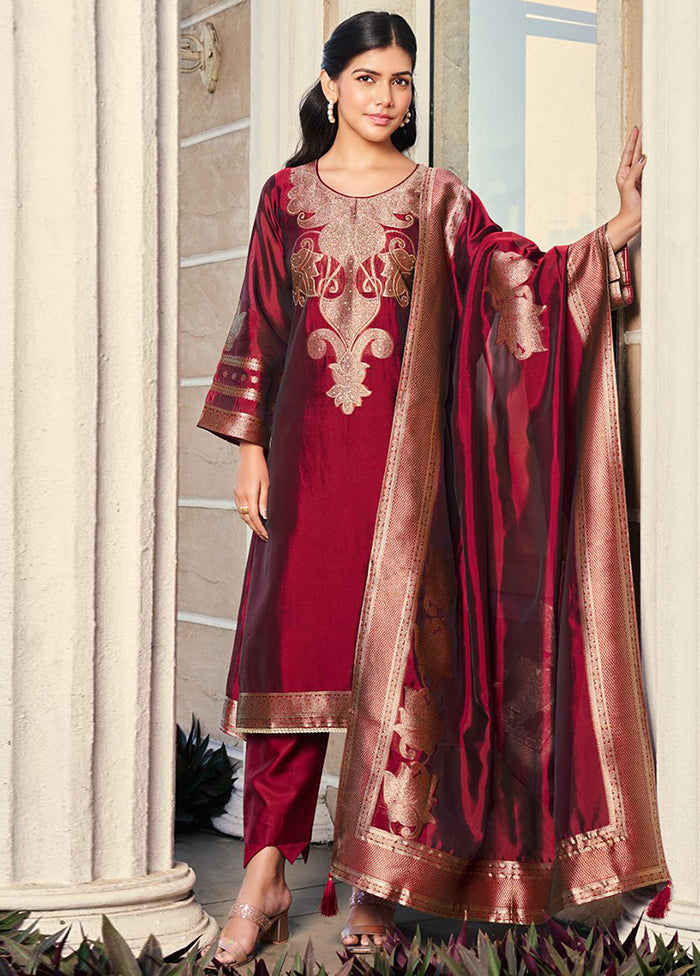 3 Pc Maroon Pure Semi Stitched Silk Dupatta Suit Set