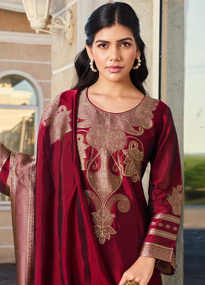 3 Pc Maroon Pure Semi Stitched Silk Dupatta Suit Set