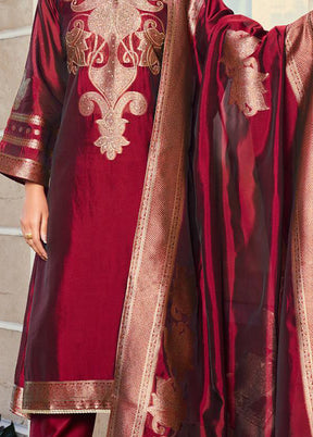 3 Pc Maroon Pure Semi Stitched Silk Dupatta Suit Set