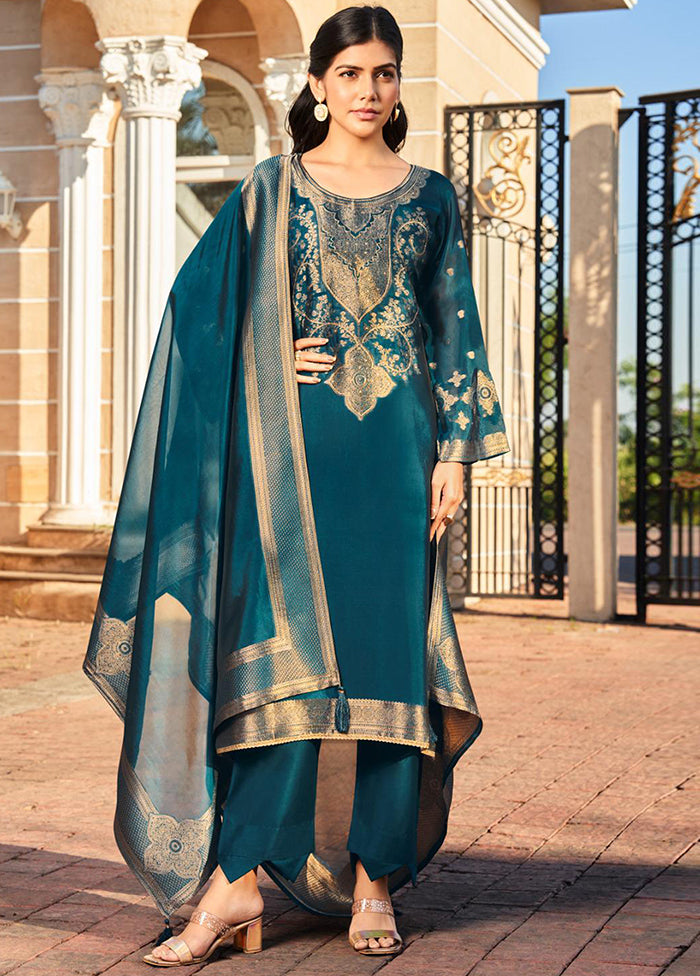 3 Pc Teal Pure Semi Stitched Silk Dupatta Suit Set