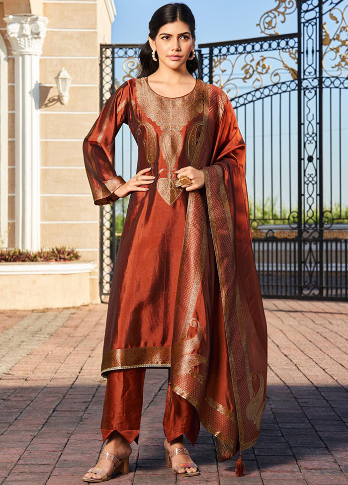 3 Pc Rust Pure Semi Stitched Silk Dupatta Suit Set