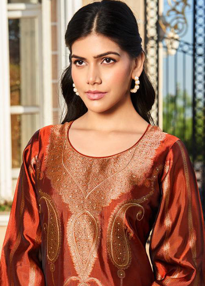 3 Pc Rust Pure Semi Stitched Silk Dupatta Suit Set