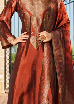 3 Pc Rust Pure Semi Stitched Silk Dupatta Suit Set