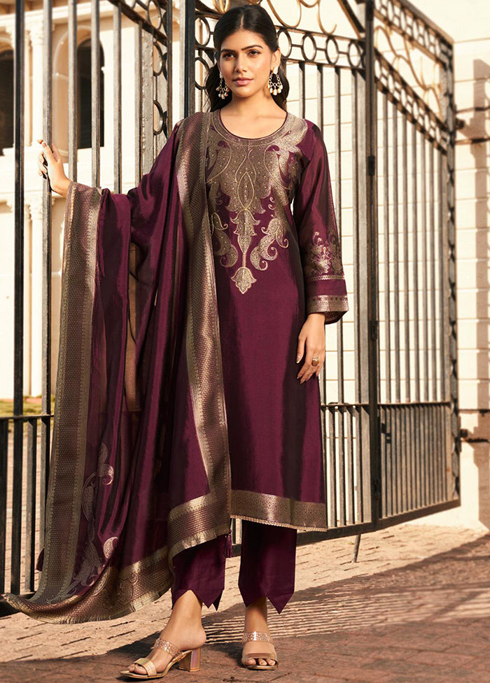 3 Pc Wine Pure Semi Stitched Silk Dupatta Suit Set