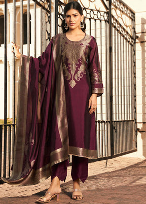 3 Pc Wine Pure Semi Stitched Silk Dupatta Suit Set