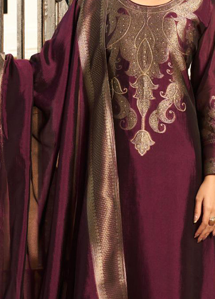 3 Pc Wine Pure Semi Stitched Silk Dupatta Suit Set