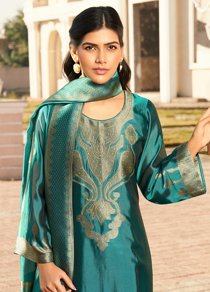 3 Pc Turquoise Pure Semi Stitched Silk Dupatta Suit Set