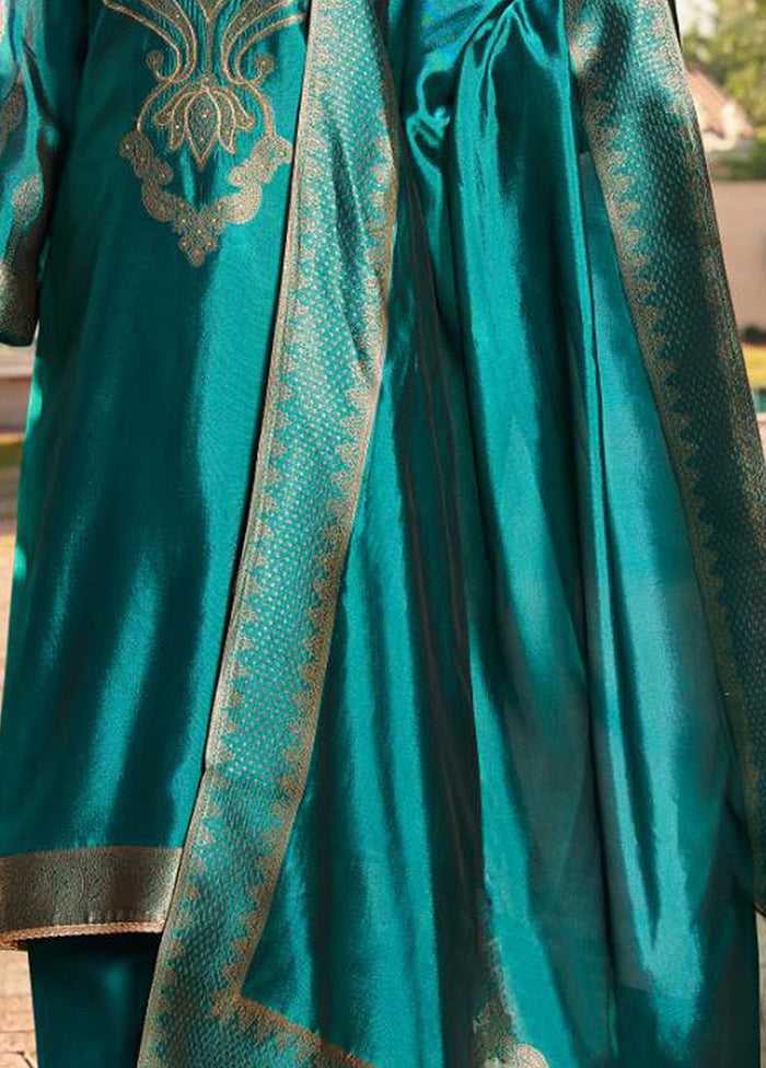 3 Pc Turquoise Pure Semi Stitched Silk Dupatta Suit Set