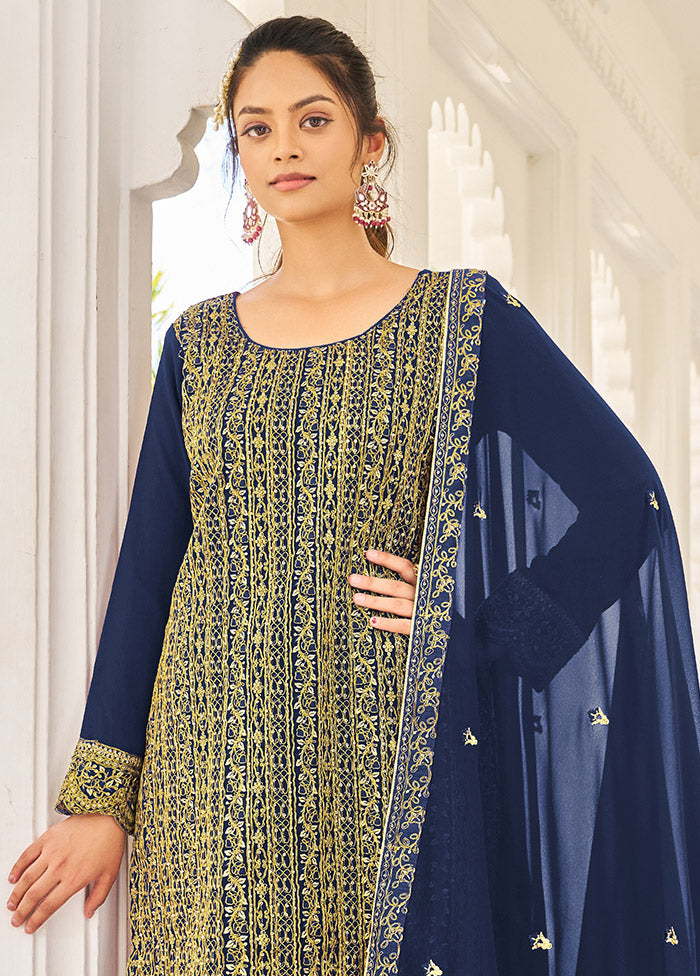 3 Pc Dark Blue Semi Stitched Georgette Suit Set VDSOT16062058 - Indian Silk House Agencies