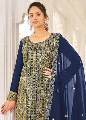 3 Pc Dark Blue Semi Stitched Georgette Suit Set VDSOT16062058 - Indian Silk House Agencies