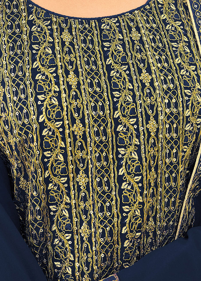 3 Pc Dark Blue Semi Stitched Georgette Suit Set VDSOT16062058 - Indian Silk House Agencies