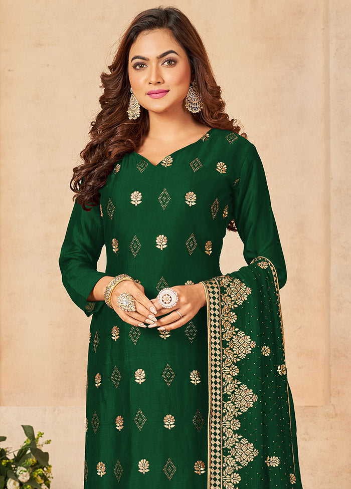 3 Pc Dark Green Semi Stitched Silk Suit Set VDSOT16062069 - Indian Silk House Agencies
