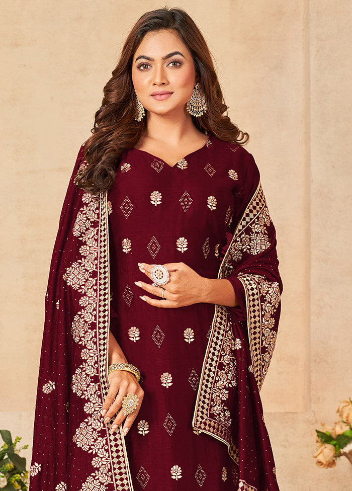 3 Pc Maroon Semi Stitched Silk Suit Set VDSOT16062070 - Indian Silk House Agencies