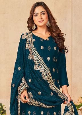 3 Pc Dark Blue Semi Stitched Silk Suit Set VDSOT16062071 - Indian Silk House Agencies