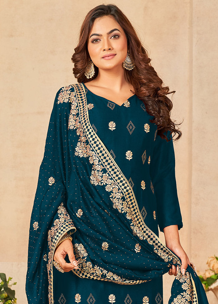 3 Pc Dark Blue Semi Stitched Silk Suit Set VDSOT16062071 - Indian Silk House Agencies