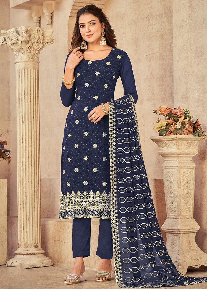 3 Pc Blue Semi Stitched Georgette Suit Set VDSOT16062039 - Indian Silk House Agencies