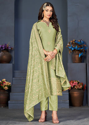 3 Pc Green Semi Stitched Silk Suit Set VDSOT16062042 - Indian Silk House Agencies