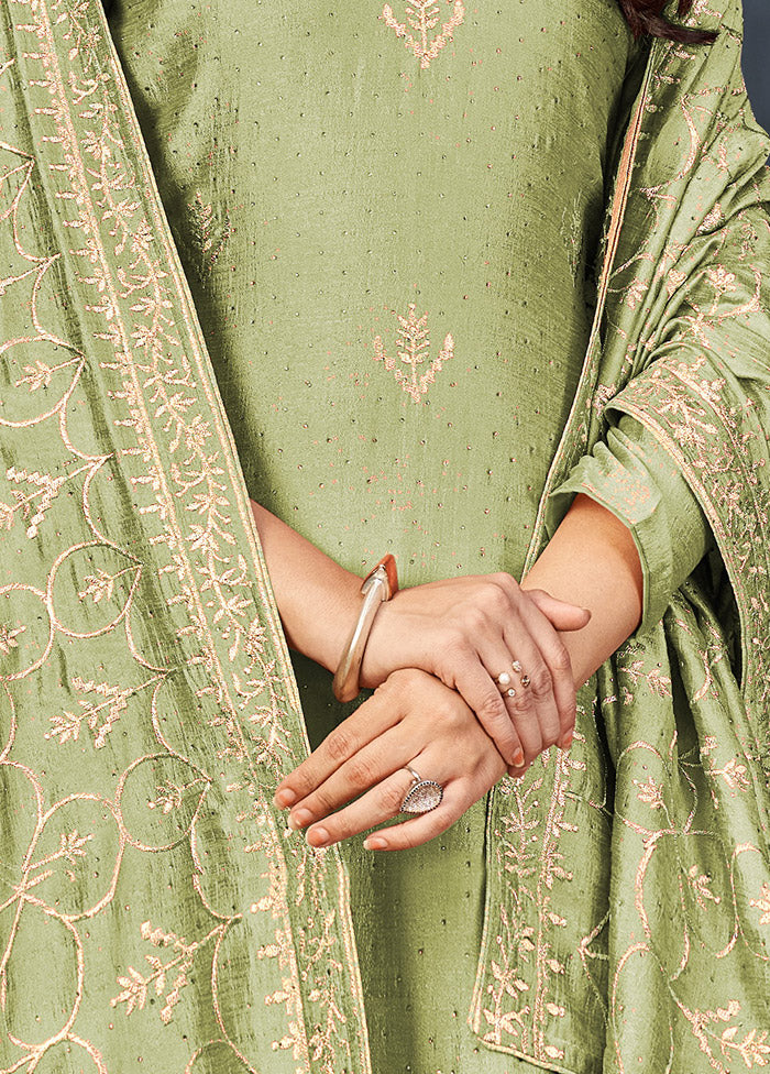 3 Pc Green Semi Stitched Silk Suit Set VDSOT16062042 - Indian Silk House Agencies