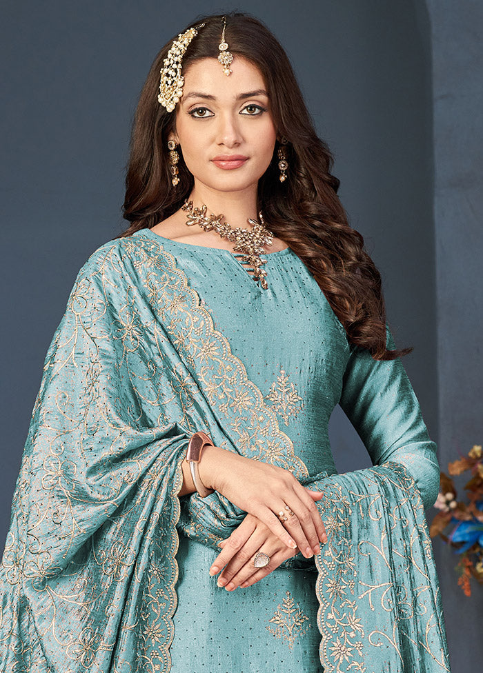 3 Pc Green Semi Stitched Silk Suit Set VDSOT16062049 - Indian Silk House Agencies