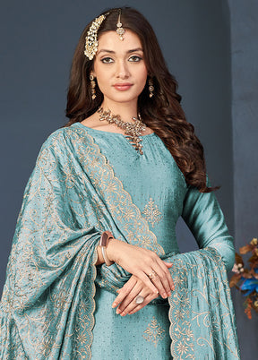 3 Pc Green Semi Stitched Silk Suit Set VDSOT16062049 - Indian Silk House Agencies