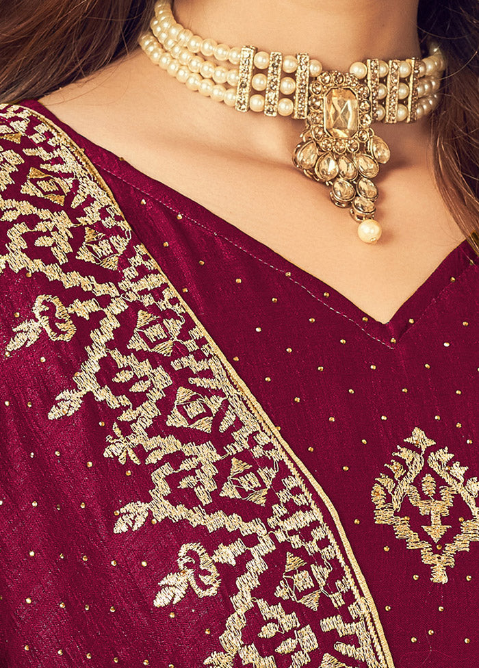 3 Pc Dark Pink Semi Stitched Silk Suit Set VDSOT16062051 - Indian Silk House Agencies