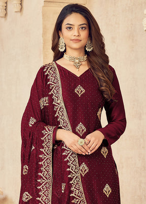 3 Pc Maroon Semi Stitched Silk Suit Set VDSOT16062052 - Indian Silk House Agencies