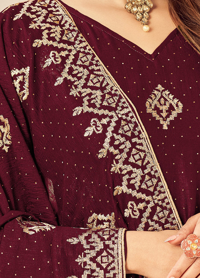 3 Pc Maroon Semi Stitched Silk Suit Set VDSOT16062052 - Indian Silk House Agencies