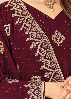3 Pc Maroon Semi Stitched Silk Suit Set VDSOT16062052 - Indian Silk House Agencies